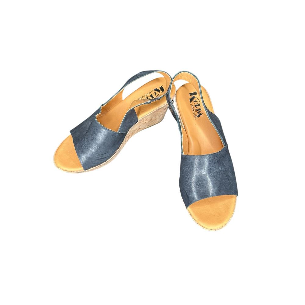Korks by Kork-Ease Navy Stretch Slingback Open Toe Soft‎ Leather Wedge Size 9